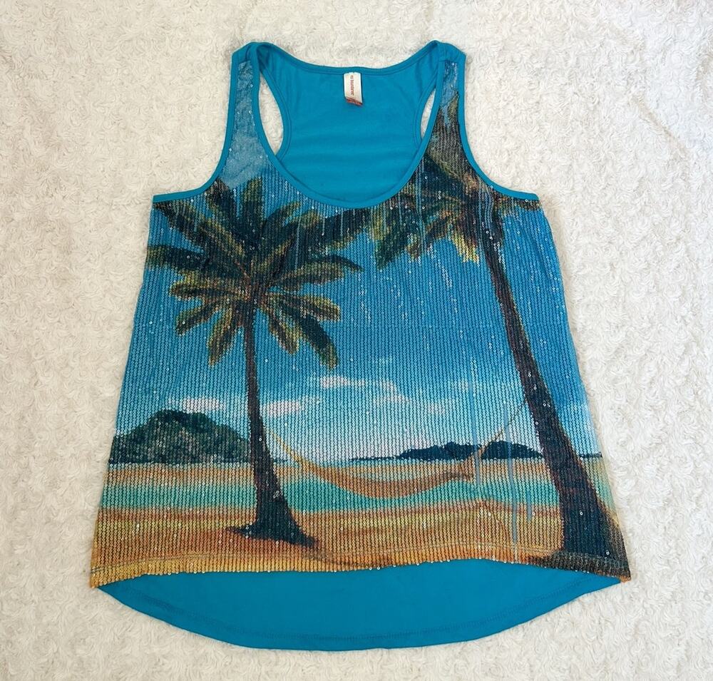 blue sequin beach tropical print racerback tank top